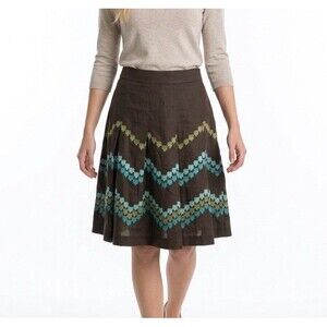 Ann Taylor LOFT Women Brown Linen Pleat Skirt Embroidered Pattern Size 2P Linen
